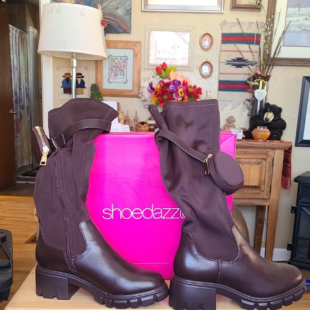 Shoe Dazzle Brown Heeled Boots with Gold Accents